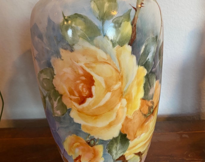 Large Victorian Vase Yellow ROSES Signed Hand Painted Stunning 11 Tall