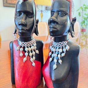 Vintage Hand Carved Ebony Wood, Maasai Bust Couple, African Man Woman Warriors Statues Sculptures, Folk Art