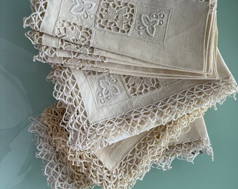RARE Pure Fine Linen Dinner Napkins, Intricate Needle Lace,  White on Ivory Crochet, 10 distinguished Vintage Napkins clean, ready to use