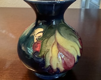 Miniature Moorcroft Baluster Posy Vase, Cobalt Blue, Leaf and Berries Pattern, Signed Walter Moorcroft Potter to H.M. the Queen RARE