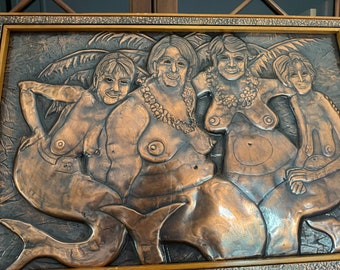 REPOUSSE Copper Art Hawaiian Mermaids Handmade Frame Listed Artist Victor Bono Humorous all Shapes and Sizes One of a Kind  18" x 26.5