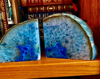 Vintage Blue Agate Crystal Bookends, Raw Organic Texture, Brazil