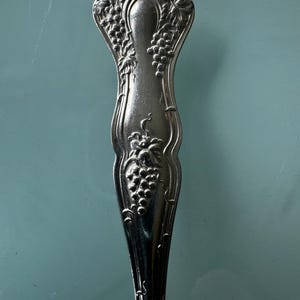 May include: Close-up of a silver spoon handle with a grape vine design. The handle features detailed carvings of grape clusters and leaves, with a decorative, ornate top. The spoon has a polished, reflective surface.