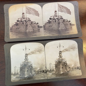 BATTLESHIPS American Stereoscope Company Lot of 2 Antique Stereocards - Battleships, Naval Military Scenes  &quot;Oregon&quot;  and  &quot;Brooklyn&quot; RARE