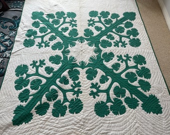 RARE Applique Quilt Cover Green on Cream SCARCE Pattern Hand Made Hand Stitched HARD to Find 79 x 91 Folk Art c1930 Forest