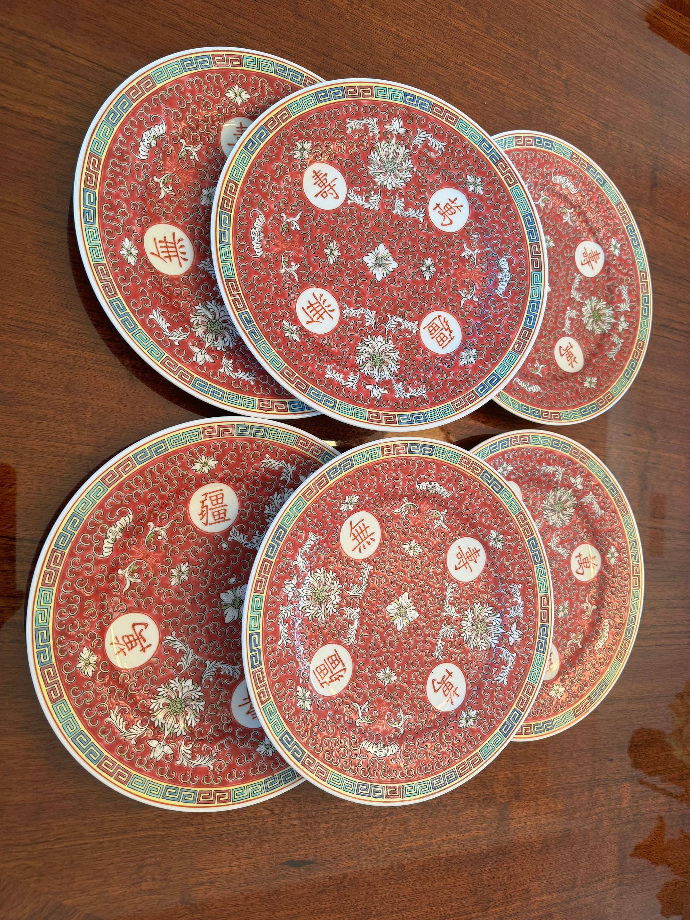 Antique Plates FAMILLE ROSE Mun Shou Longevity Pink Dinner 10