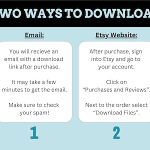 May include: A blue and white graphic with the text "TWO WAYS TO DOWNLOAD" at the top. The graphic shows two ways to download a digital product: via email or through the Etsy website. The email method is labeled "1" and the Etsy website method is labeled "2".