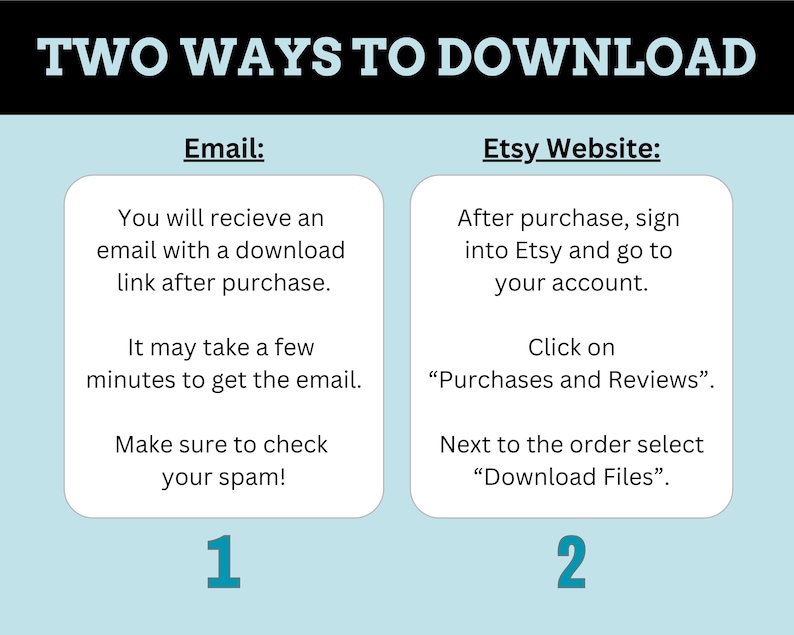 May include: A blue and white graphic with the text "TWO WAYS TO DOWNLOAD" at the top. The graphic shows two ways to download a digital product: via email or through the Etsy website. The email method is labeled "1" and the Etsy website method is labeled "2".
