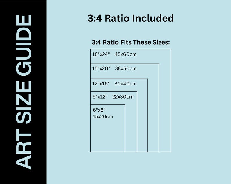 May include: A chart showing different sizes of art prints in a 3:4 ratio. The sizes are listed in inches and centimeters. The chart is on a light blue background.