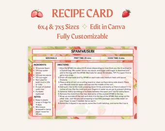 May include: A pink recipe card with a strawberry design. The card has the title "Spam Musubi" and includes a list of ingredients, directions, and notes for making the dish. The card also includes the prep time, cook time, and serving size.
