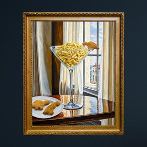 Mac und Käse Dino Nugget Druck, süßes, schrulliges, wunderliches Cocktail Art Bar Warenkorb Dekor, elegantes Ölgemälde Geschenk, trendige lustige Küche, DIGITAL