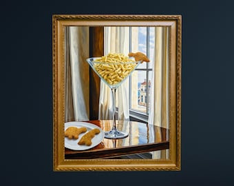 Mac und Käse Dino Nugget Druck, süßes, schrulliges, wunderliches Cocktail Art Bar Warenkorb Dekor, elegantes Ölgemälde Geschenk, trendige lustige Küche, DIGITAL