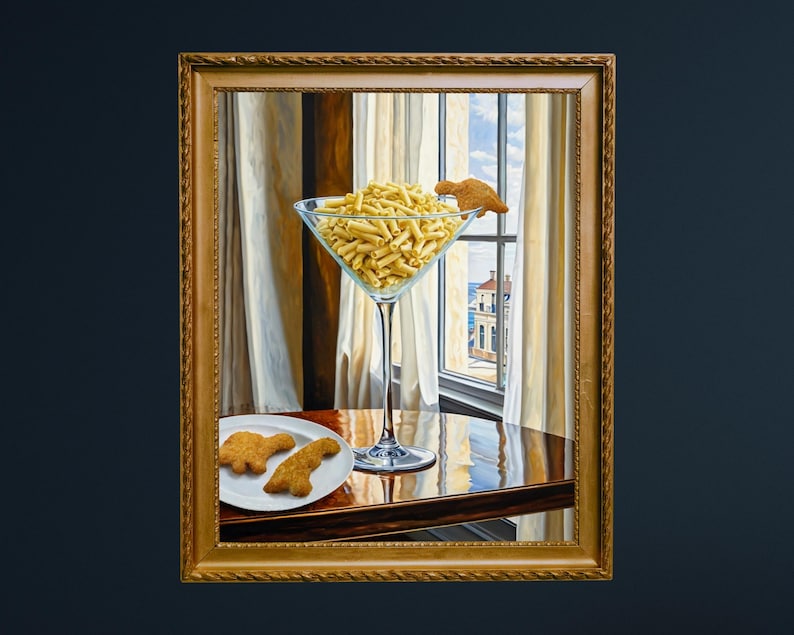 May include: A painting of a martini glass filled with yellow pasta, with two chicken nuggets on a plate in the foreground. The glass is on a wooden table next to a window with a view of a city.
