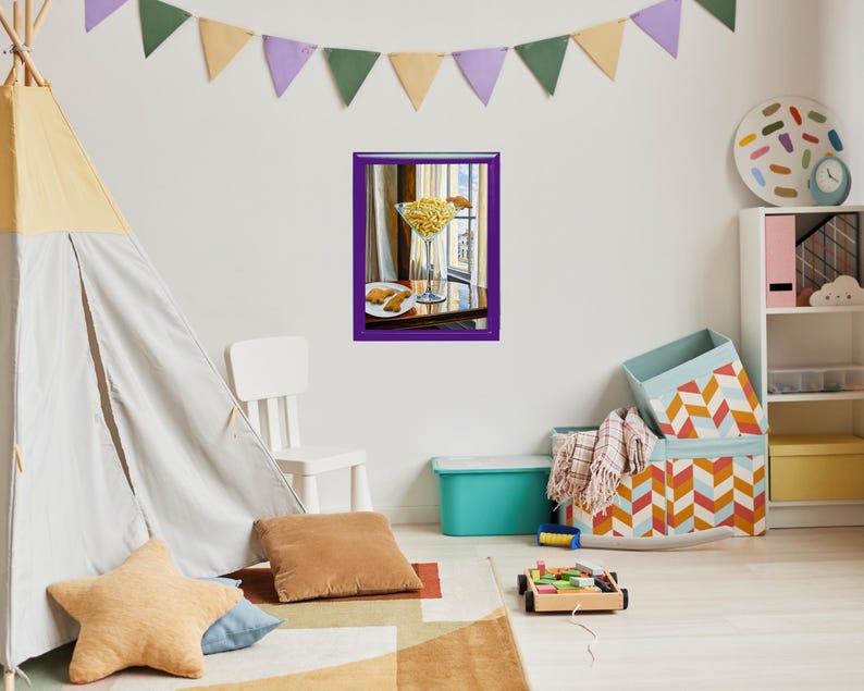 May include: A framed painting of a still life featuring a glass martini glass filled with yellow corn kernels, a plate with two small pastries, and a purple table.