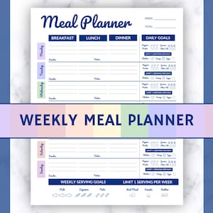 May include: A printable meal planner with a blue and white marble background. The planner includes sections for breakfast, lunch, dinner, and daily goals. It also includes a weekly meal planner with sections for snacks, notes, and weekly serving goals.