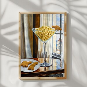 May include: A painting of a martini glass filled with pasta, with two chicken nuggets on a plate in the foreground. The glass is on a wooden table next to a window with a view of a city.