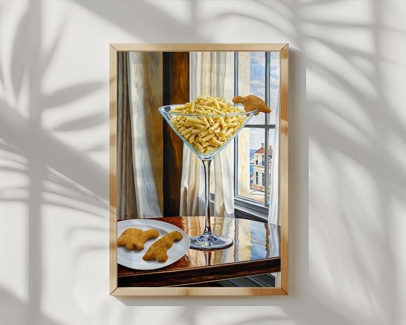 May include: A painting of a martini glass filled with pasta, with two chicken nuggets on a plate in the foreground. The glass is on a wooden table next to a window with a view of a city.