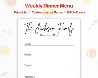 Weekly Dinner Menu, Customizable Editable Printable, Family Meal Plan, Dinner Planner, Breakfast Lunch Snack Ideas Chart, Daily Food Tracker