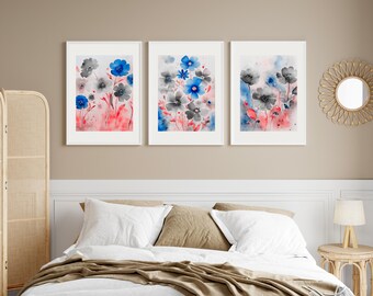 Flower Watercolor art Prints, Set Of 3 Prints, Floral Print, Flower Wall Art, Blue Pink and Black Floral Prints, Abstract Floral Watercolor