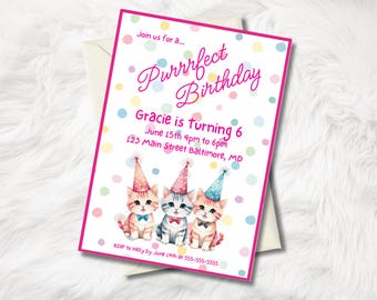 Pink Kitten Birthday Invitation, Rainbow Pastel Theme (Editable Canva Digital Template) Purrrfect