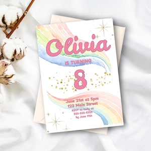 Rainbow Birthday Invitation Watercolor Gold Glitter Sprinkles Colorful Pastel Invitation 1st 2nd 3rd Printable Editable Invite