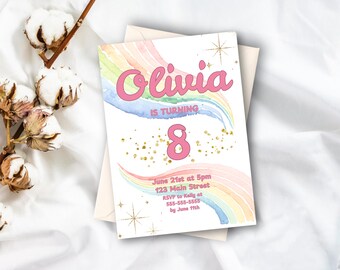 May include: A rainbow-themed birthday invitation for Olivia's 8th birthday. The invitation features a watercolour rainbow with gold glitter and stars. The text reads "Olivia is turning 8" and includes details about the party date, time, location, and RSVP information.