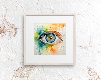 Rainbow Eye Watercolor Print, Vivid Abstract Art (Digital Download) Wall Colorful Gallary