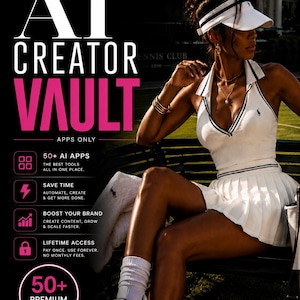May include: A digital advertisement titled THE ULTIMATE AI APPS COLLECTION AI CREATOR VAULT. It lists features including 50+ AI APPS, SAVE TIME, BOOST YOUR BRAND, and LIFETIME ACCESS. The graphic features a tennis-themed background with text.