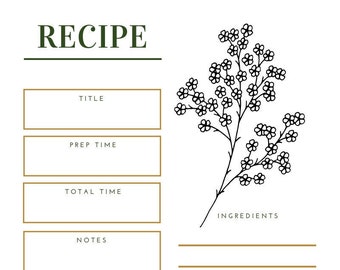 Black and White Plant Recipe Card,Printable Recipe Card,Sizable Print out,Organize your Recipes,Kitchen Organization,Digital Recipe Cards