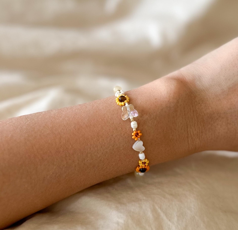 Peach Sparkly Rocks & Gold Sunflower Bracelet main image 0