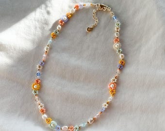 Flower Beaded Necklace | Freshwater Pearl Necklace | Handmade Necklace | Dainty Handmade Necklace | Beaded Necklace | Gold Filled Jewelry