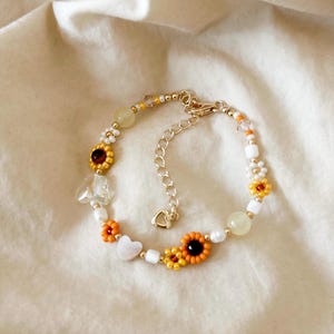 Peach Sparkly Rocks & Gold Sunflower Bracelet
