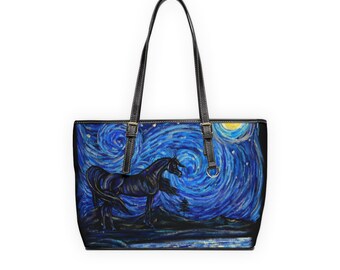 Arabian horse handbag Van Gogh starry night faux PU Leather Shoulder Bag black horse equestrian art