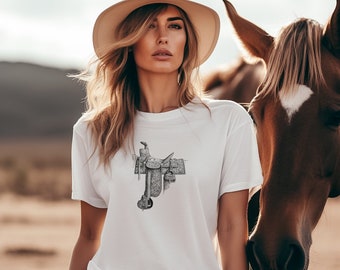 Vintage Cowboy Saddle T-Shirt, Horse Riding Gear Illustration, Rustic Western Tack Tee, Old Western Horseman Apparel