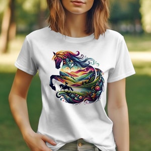 Colorful Horse T-Shirt, Vibrant Nature and Animal Art Tee, Abstract Horse Lover Gift, Unisex Graphic T-Shirt, Unique Equestrian Wear image 5