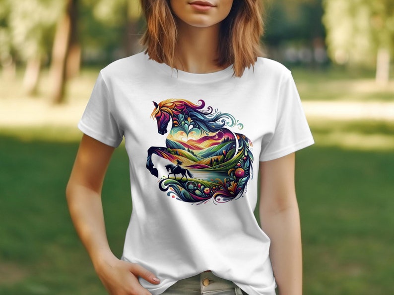 Colorful Horse T-Shirt, Vibrant Nature and Animal Art Tee, Abstract Horse Lover Gift, Unisex Graphic T-Shirt, Unique Equestrian Wear image 5