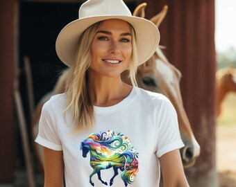 Colorful Abstract Horse T-Shirt, Nature Inspired Artistic Tee, Vibrant Landscape Graphic Shirt, Unisex Adult Clothing