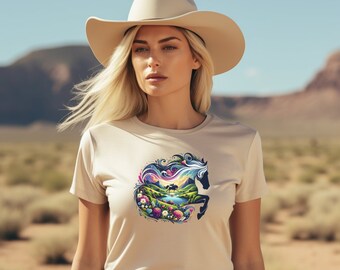 Equestrian Horse Art T-Shirt, Colorful Horse Riding Landscape, Nature Inspired Ranch Shirt, Vibrant Animal and Mountain Tee