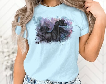 Black Horse Watercolor T-Shirt, Abstract Equine Art Tee, Unisex Animal Design Top, Unique Bohemian Style Apparel