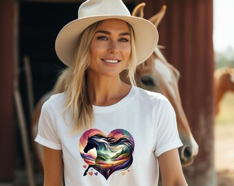 Colorful Heart Horse T-Shirt, Women's Artistic Tee, Nature Inspired Graphic Shirt, Gift for Horse Lovers, Unique Equestrian Top