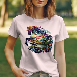 Colorful Horse T-Shirt, Vibrant Nature and Animal Art Tee, Abstract Horse Lover Gift, Unisex Graphic T-Shirt, Unique Equestrian Wear image 4