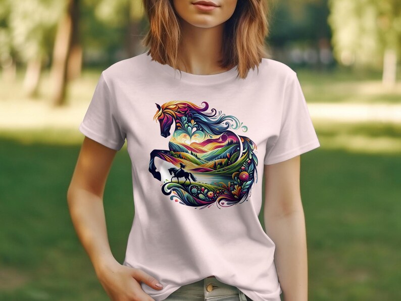 Colorful Horse T-Shirt, Vibrant Nature and Animal Art Tee, Abstract Horse Lover Gift, Unisex Graphic T-Shirt, Unique Equestrian Wear image 4