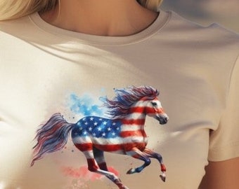 Patriotic Equestrian Horse T-Shirt, American Flag Art, Horse Riding Tee, Ranch Style Clothing, Unisex Horse Lover Gift Idea