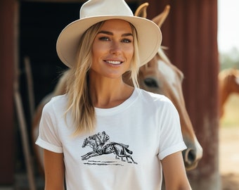 Vintage Horse Racing Print T-Shirt, Equestrian Sports Tee, Classic Jockey Illustration, Unisex Horse Lover Gift, Soft Cotton Shirt