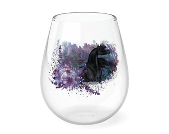 Black Arabian Horse and Purple Florals Stemless Wine Glass - Beautiful Gift for Horse and Flower Enthusiasts