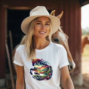 Colorful Horse T-Shirt, Vibrant Nature and Animal Art Tee, Abstract Horse Lover Gift, Unisex Graphic T-Shirt, Unique Equestrian Wear image 1