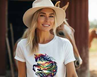 Colorful Horse T-Shirt, Vibrant Nature and Animal Art Tee, Abstract Horse Lover Gift, Unisex Graphic T-Shirt, Unique Equestrian Wear