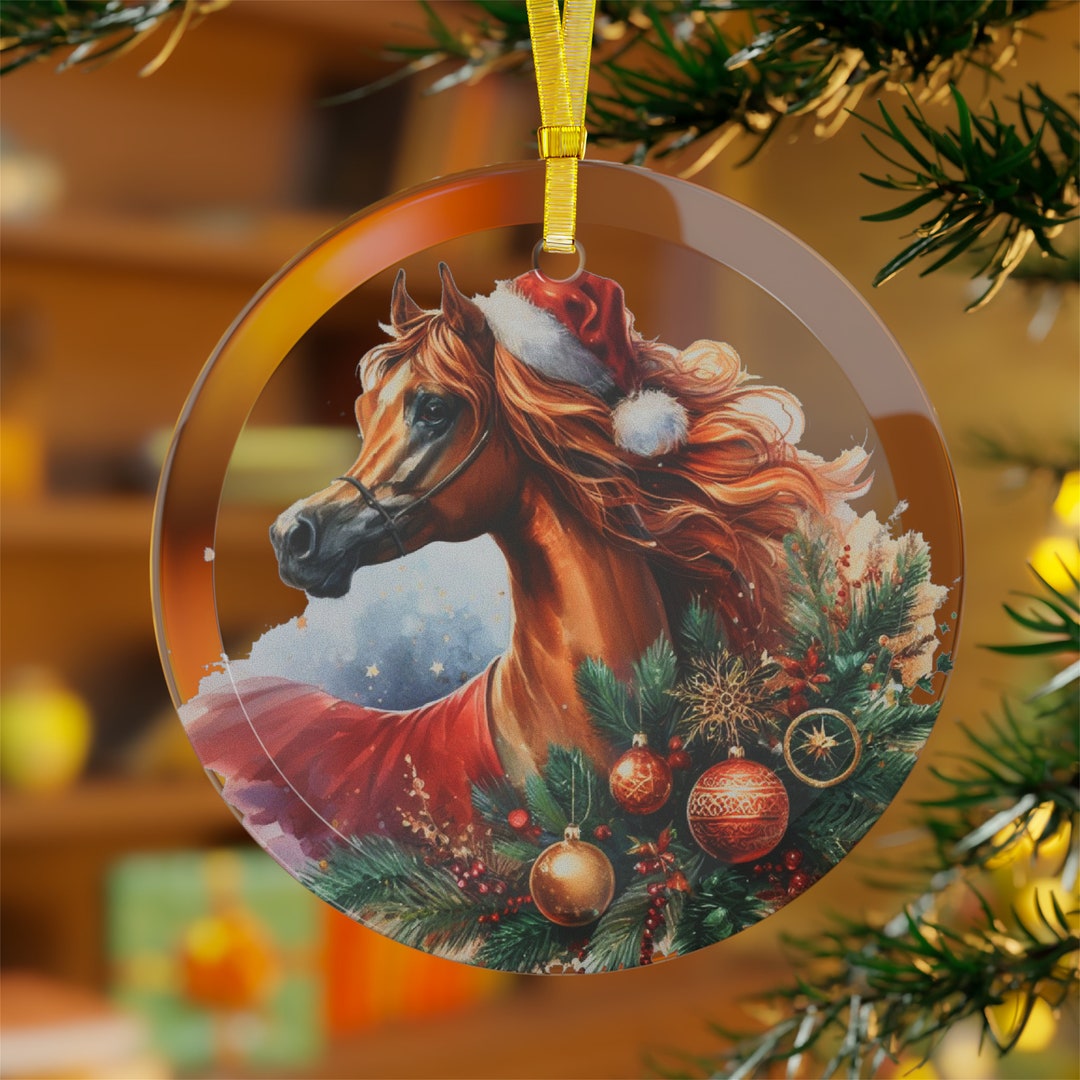Arabian Horse Christmas Glass Ornament Chesnut Arabian Horse Santa Hat Tree Decoration Horse