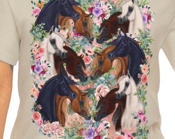 Arabian horses with flowers Cotton Tee T-shirt equine art equestrian horse art horse gift riding shirt barn clothes