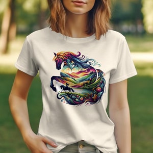 Colorful Horse T-Shirt, Vibrant Nature and Animal Art Tee, Abstract Horse Lover Gift, Unisex Graphic T-Shirt, Unique Equestrian Wear image 6